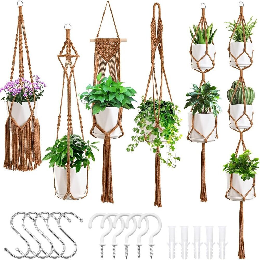 Macrame Plant Hangers, 6Pack Hanging Planters for Indoor Plants w/ 6 Set Hangers